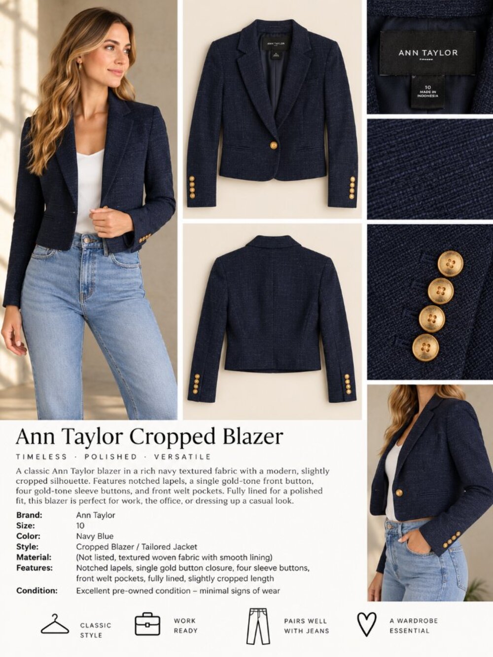 Ann Taylor Navy Blue Textured Tailored Blazer Gold Buttons Size 10